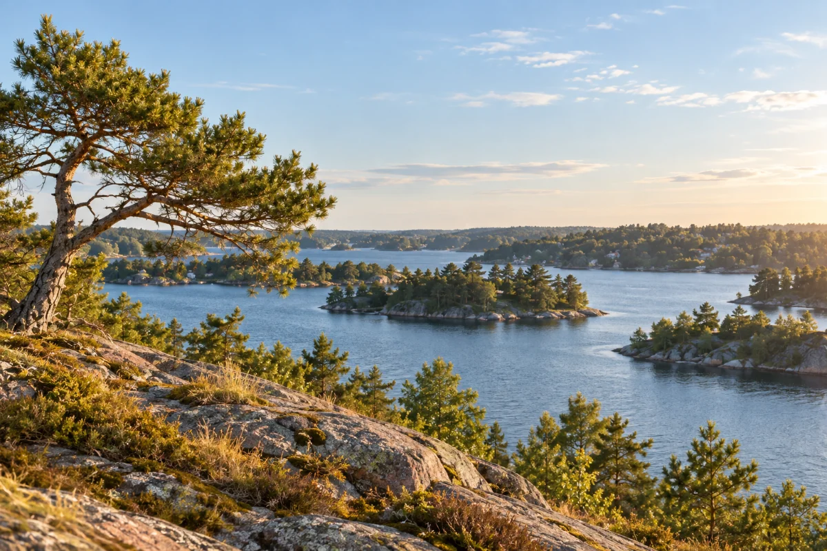Skärgårdslandskap med tallar och öppen horisont