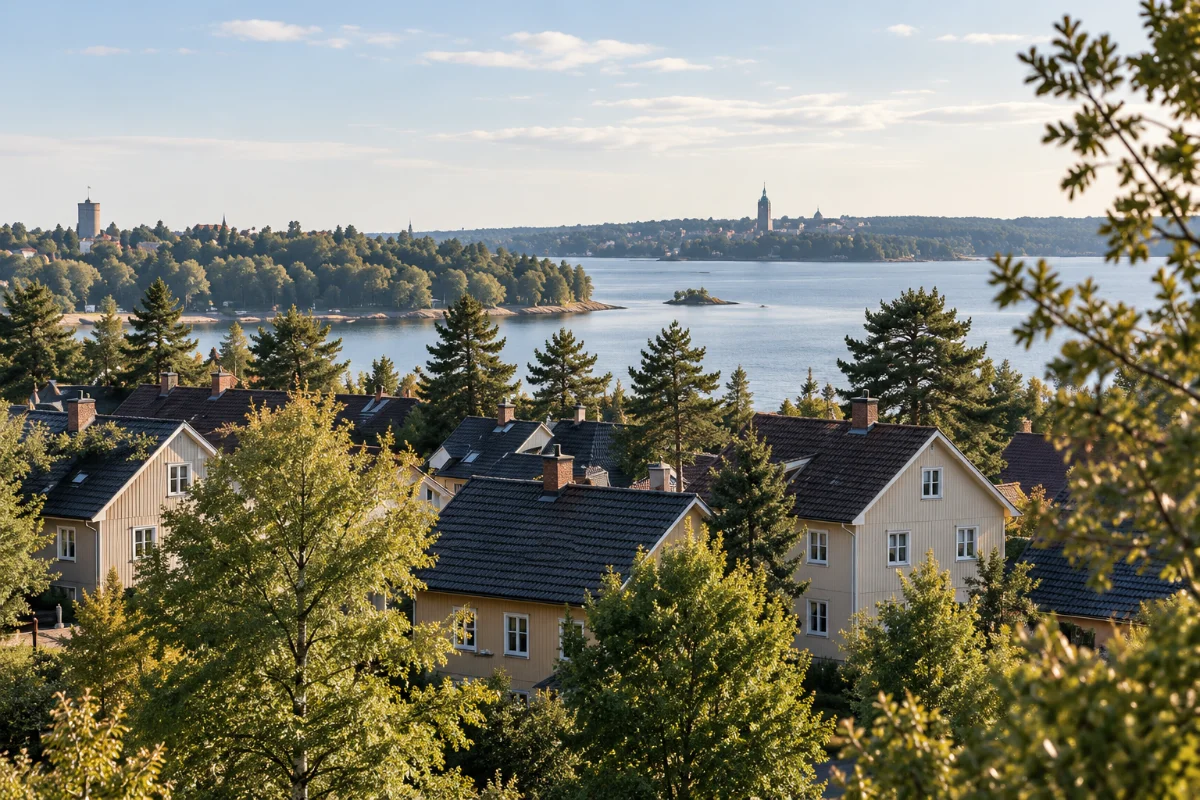 Bostadsområde med villor och träd vid vattnet
